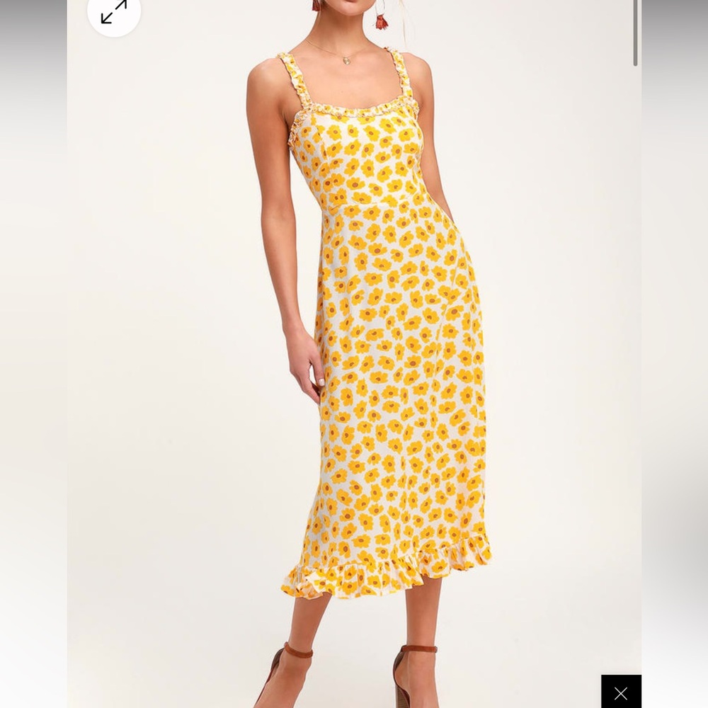 Faithfull the Brand Noemie Yellow Floral Print Ruffled Midi Dress Size XS